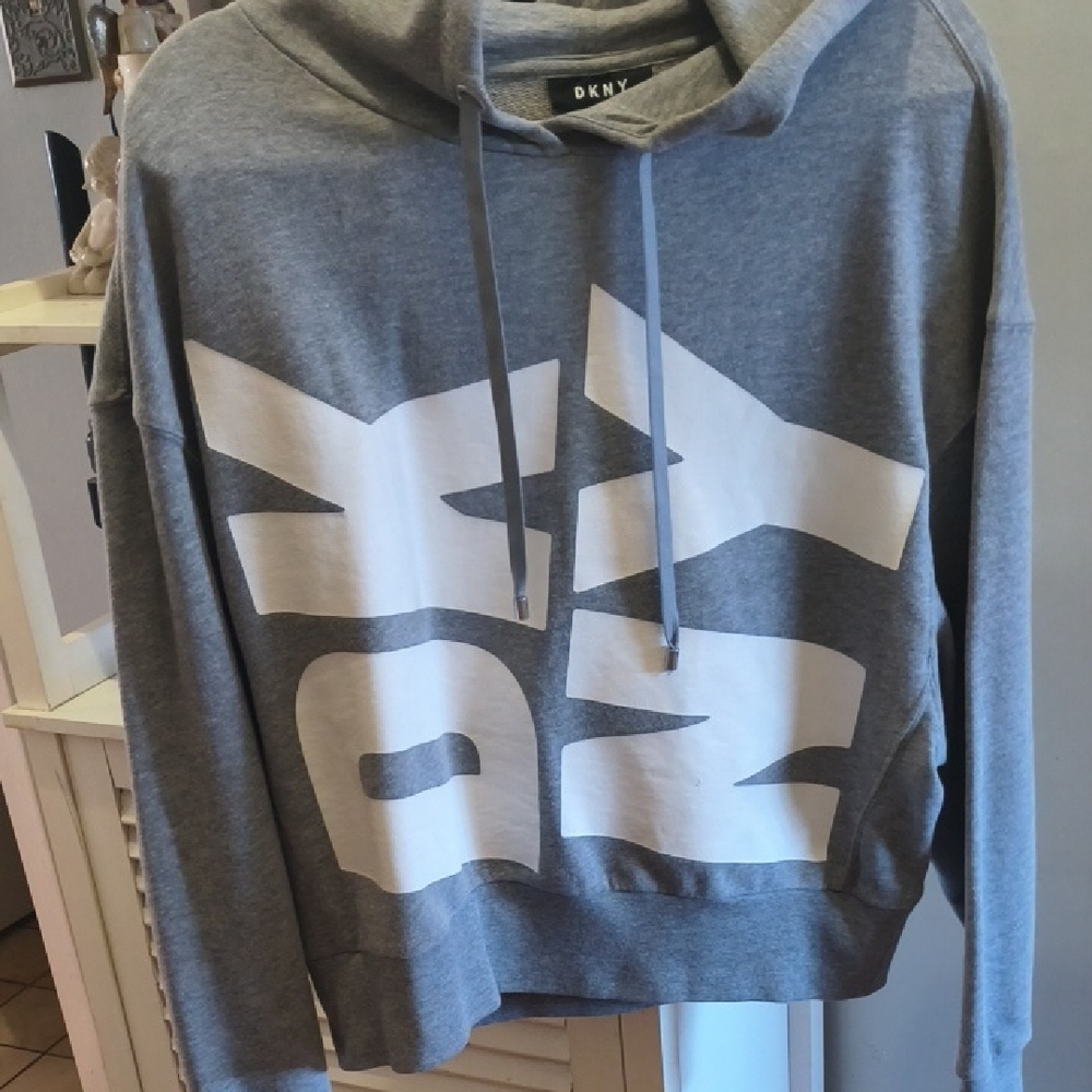 DKNY Men's Gray Hoodie with Bold White Print